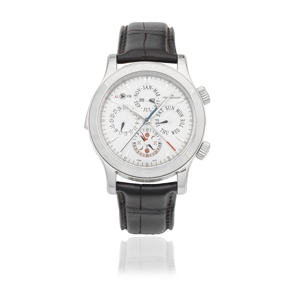Jaeger-LeCoultre. A stainless steel automatic perpetual calendar wristwatch with alarm and moon phase
