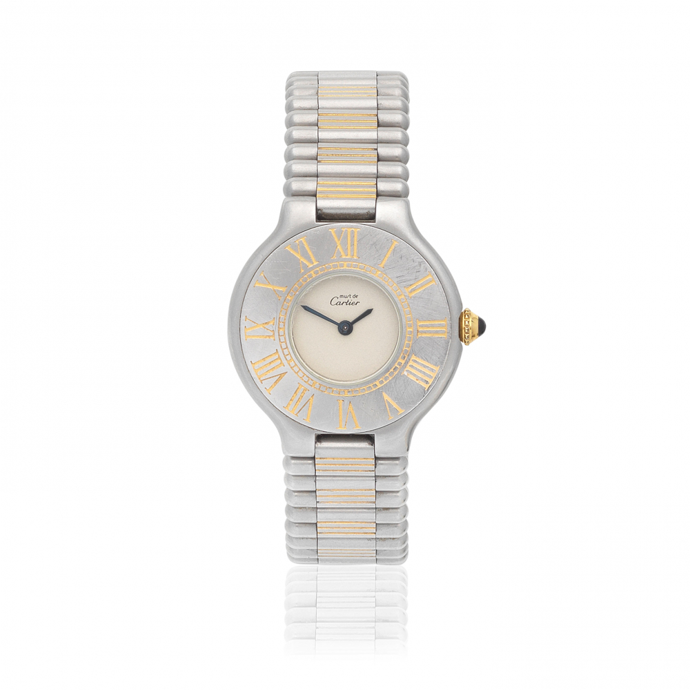 Cartier. A lady's stainless steel and gold quartz bracelet watch