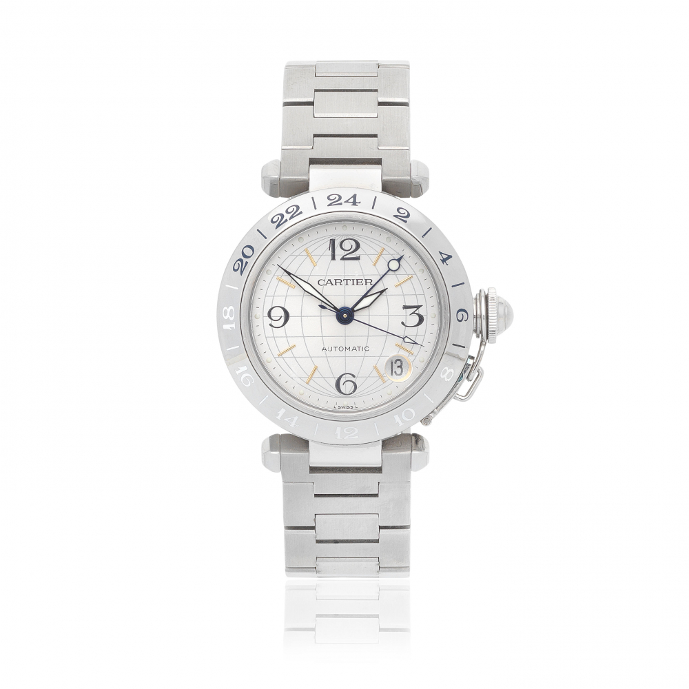 Cartier. A stainless steel automatic calendar bracelet watch with dual time zone