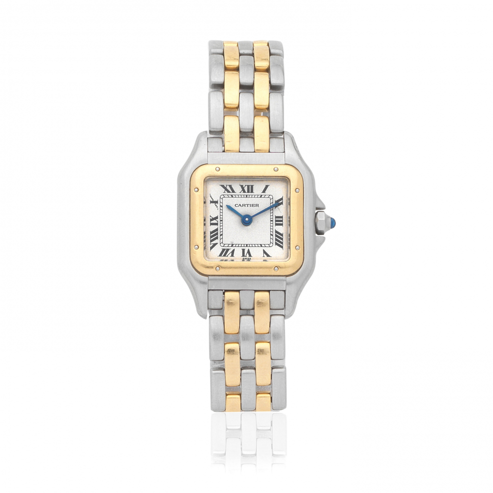 Cartier. A lady's stainless steel and gold quartz bracelet watch
