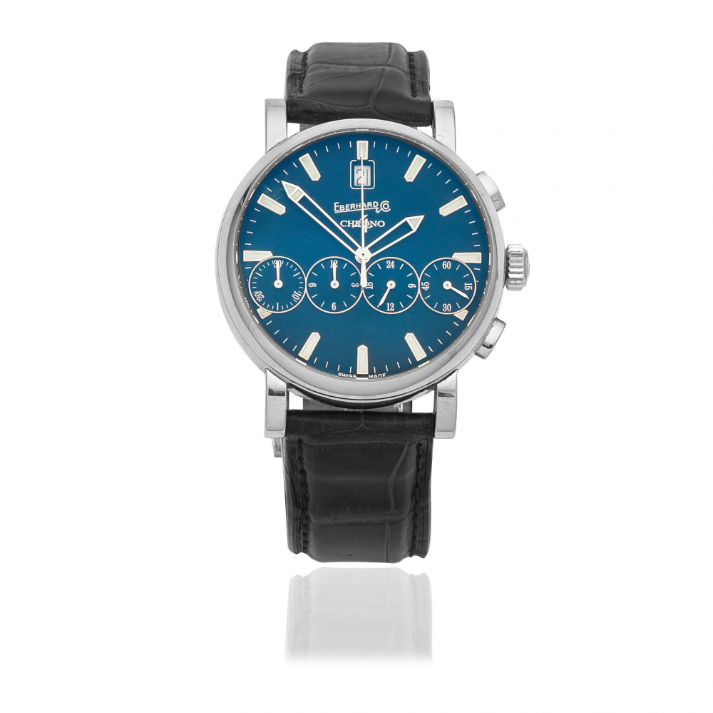 Eberhard Co. A stainless steel automatic calendar chronograph wristwatch with 24 hour indication