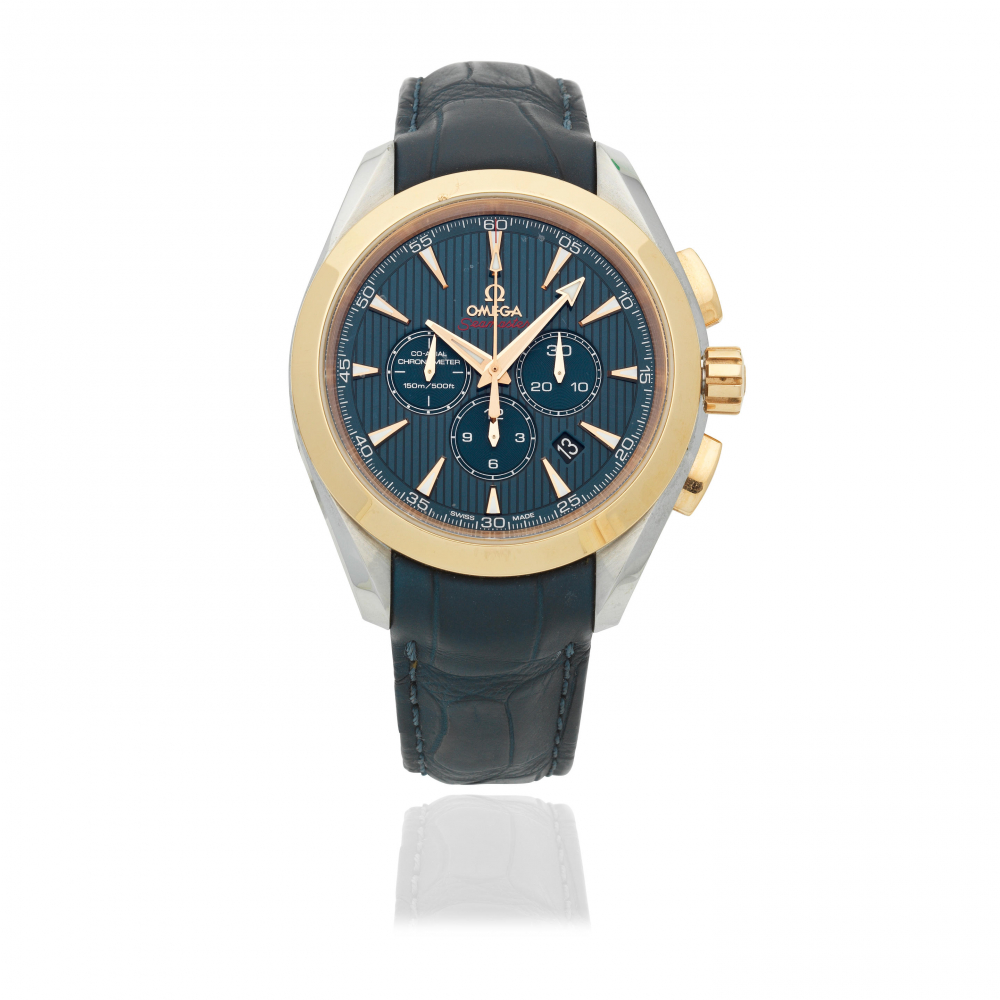 Omega. A stainless steel and rose gold automatic calendar chronograph wristwatch with co-axial escapement