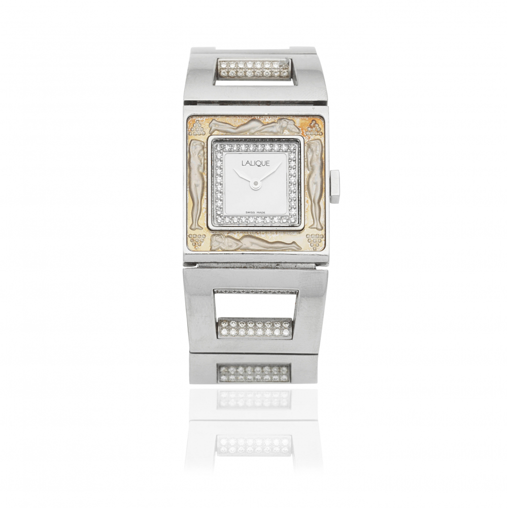 Lalique. A lady's stainless steel diamond set quartz bracelet watch with mother of pearl dial
