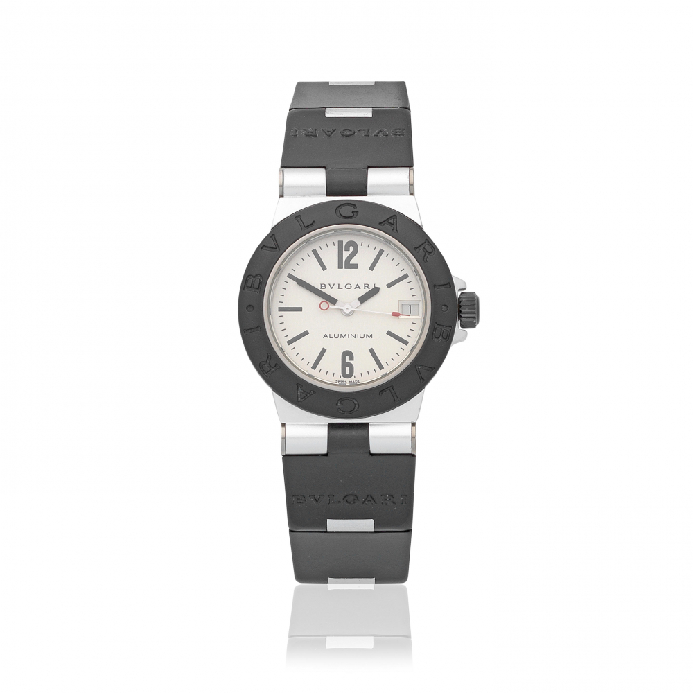 Bulgari. A lady's aluminium quartz calendar wristwatch