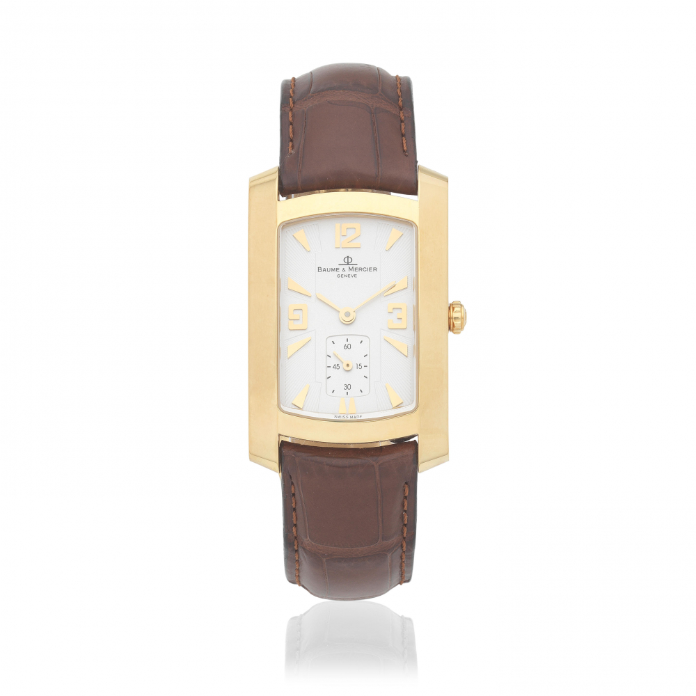 Baume Mercier. An 18K gold quartz rectangular wristwatch