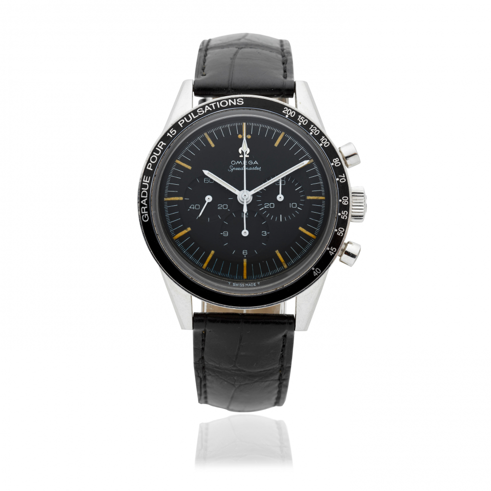 Omega. A stainless steel manual wind chronograph wristwatch with pulsations scale