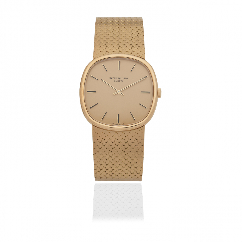 Patek Philippe. An 18K gold manual wind cushion form bracelet watch with sigma dial