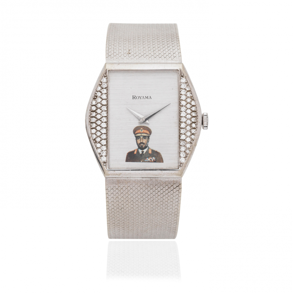 Royama. An 18K white gold diamond set bracelet watch featuring Sultan Qaboos bin Said Al Said of Oman