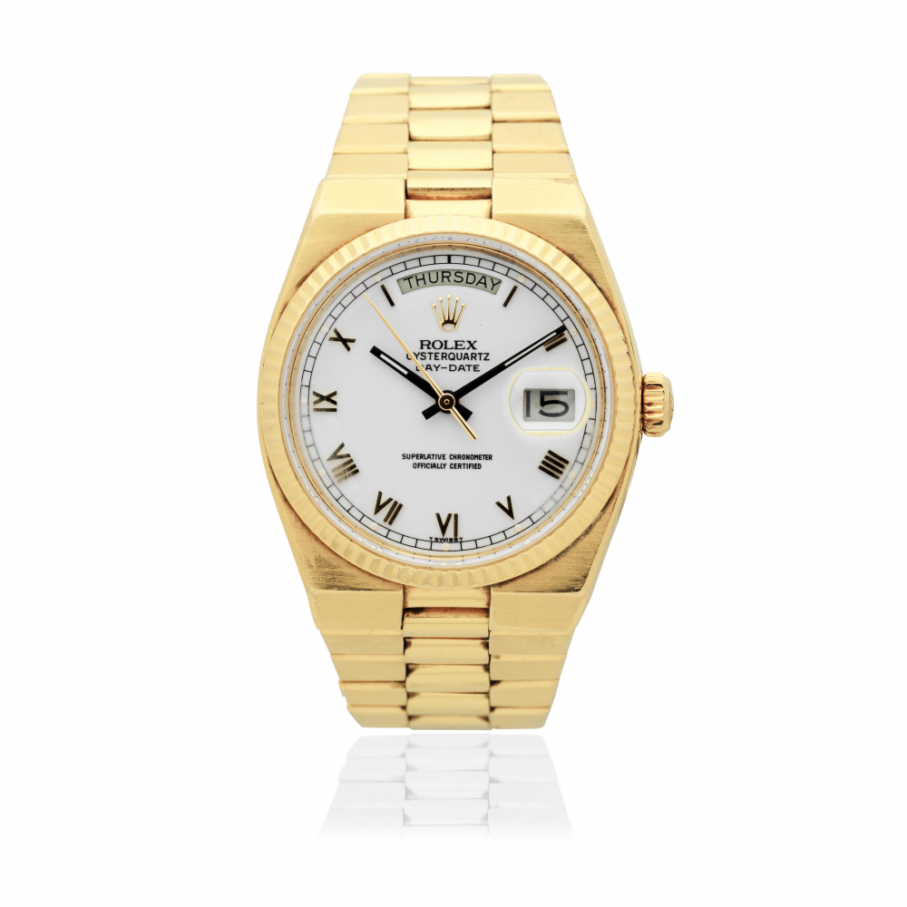 Rolex. An 18K gold quartz calendar bracelet watch offered on behalf of the family of the original owner