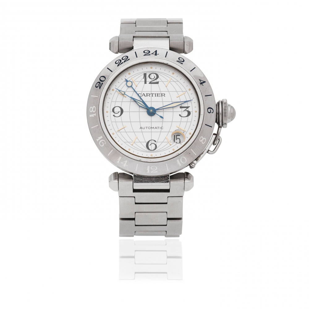 Cartier. A stainless steel automatic calendar bracelet watch with dual time zone