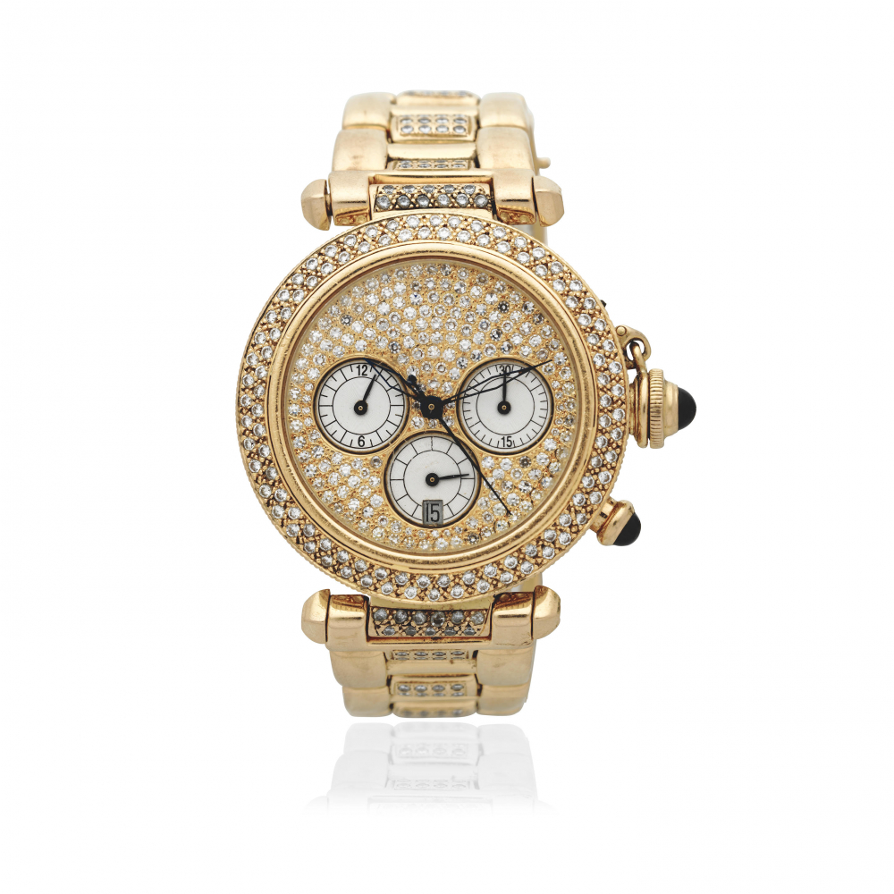 Cartier. An 18K gold automatic calendar chronograph bracelet watch with later set diamonds