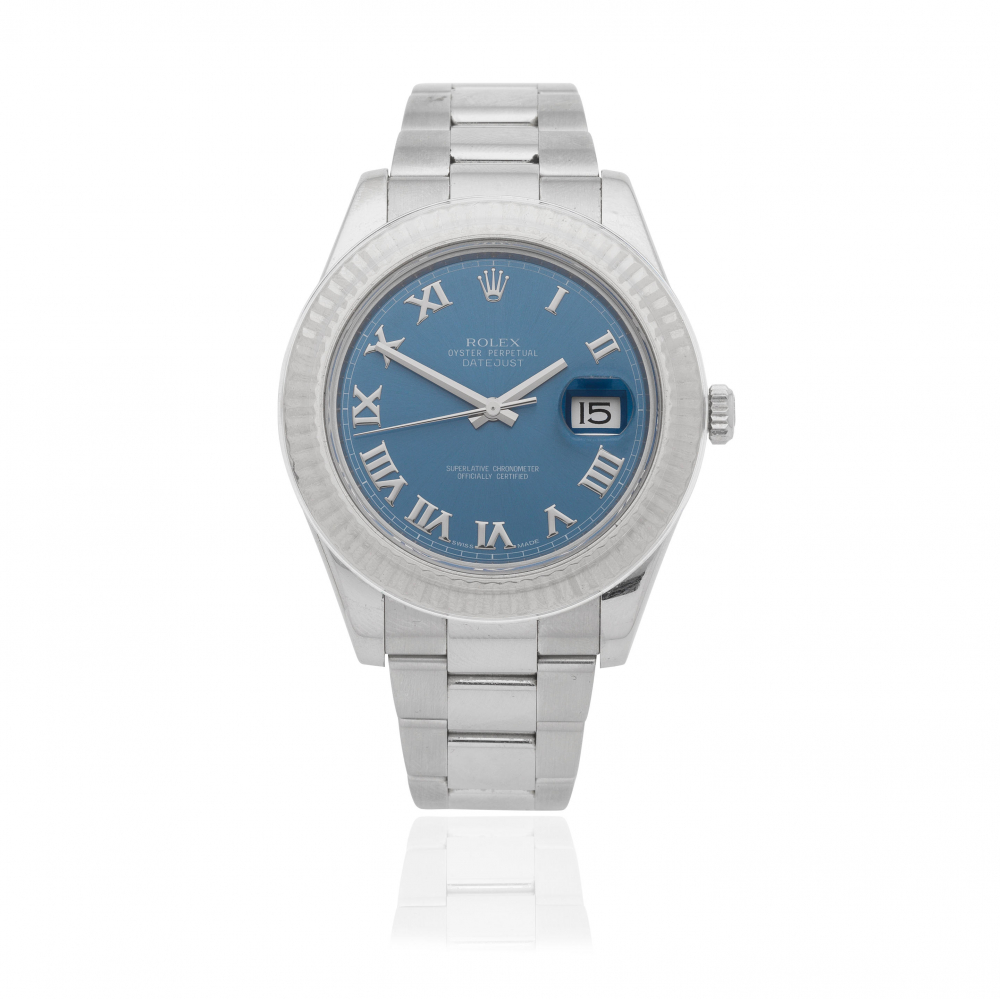 Rolex. A stainless steel and white gold automatic calendar bracelet watch