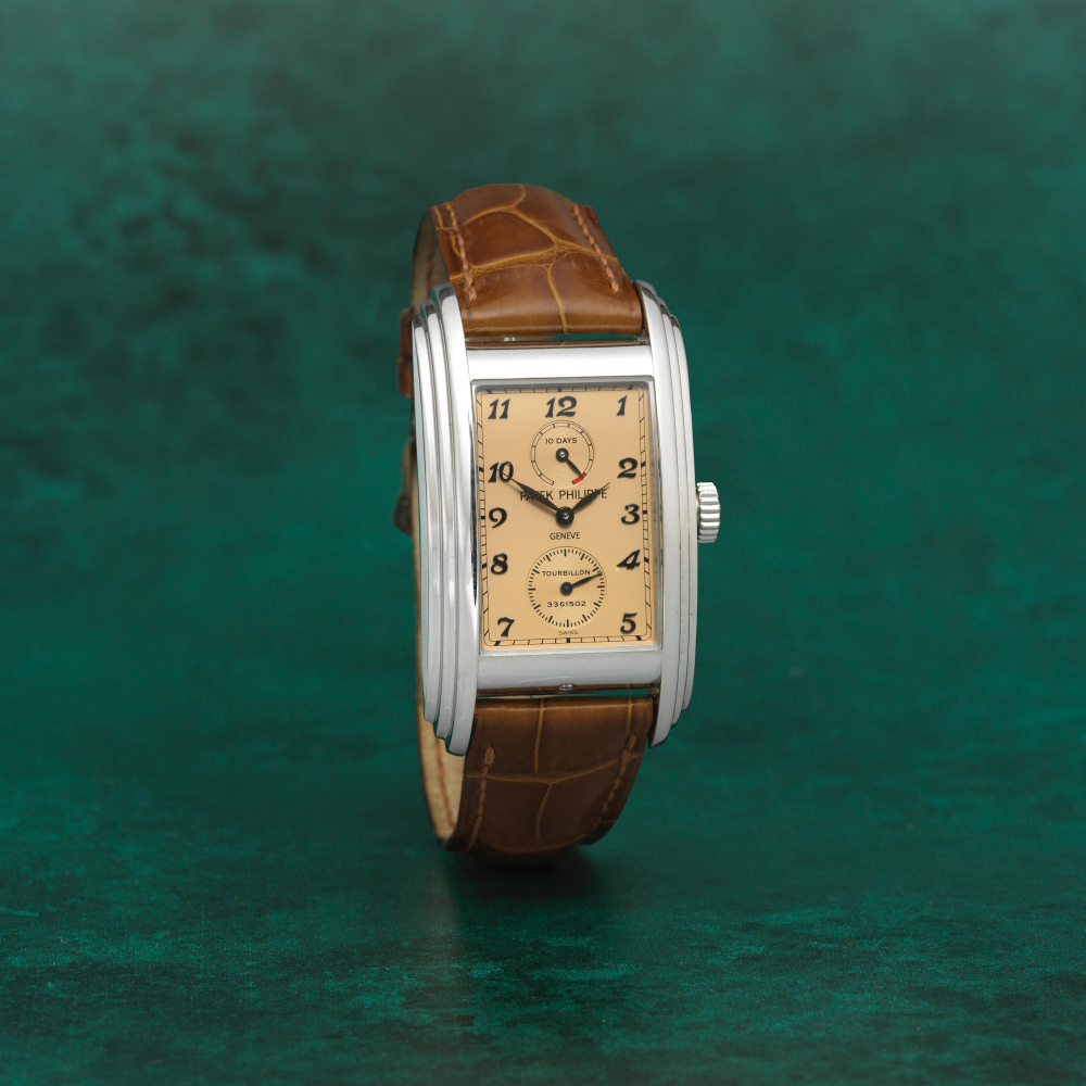 Patek Philippe. A fine platinum manual wind 10-day tourbillion rectangular wristwatch
