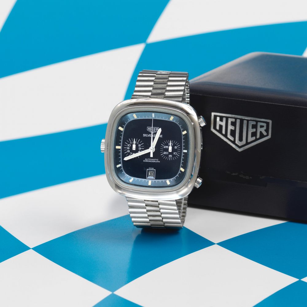 Heuer. A square stainless steel automatic calendar chronograph bracelet watch