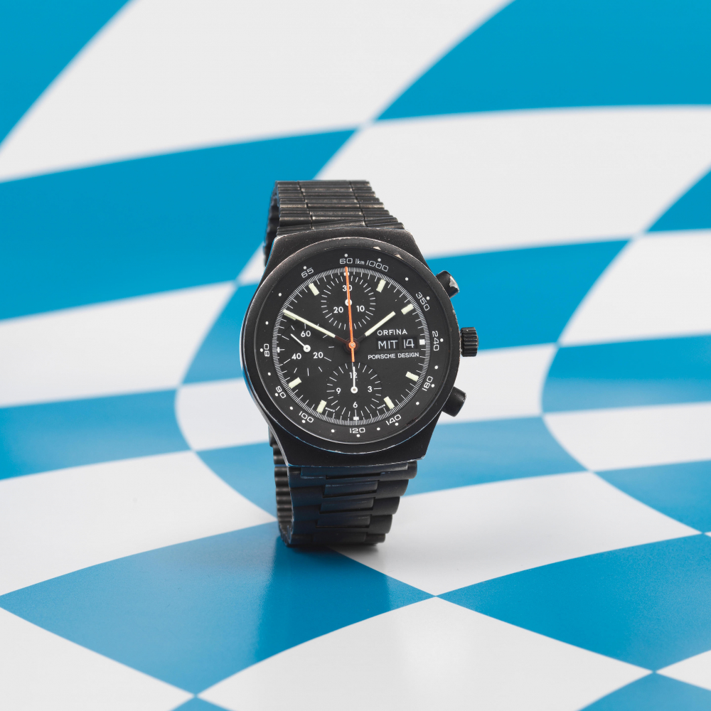 Orfina Porsche Design. A black PVD coated stainless steel automatic calendar chronograph bracelet watch