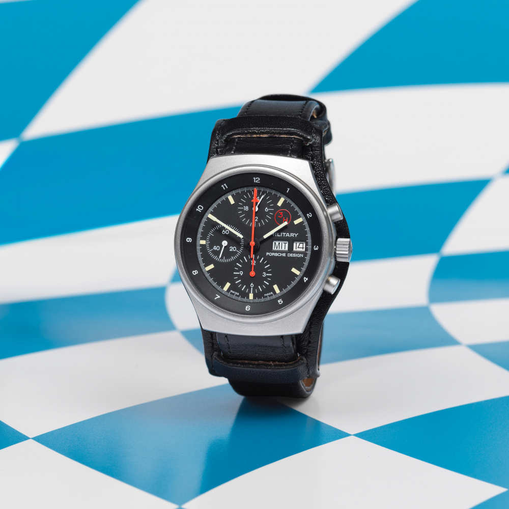 Orfina Porsche Design. A military issue stainless steel automatic calendar chronograph wristwatch