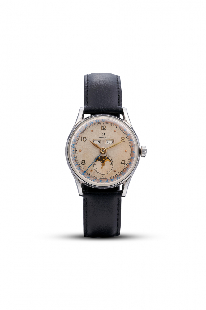 OMEGA | COSMIC, REF.2471, A STAINLESS STEEL TRIPLE CALENDAR WRISTWATCH WITH MOON PHASES, CIRCA 1944
