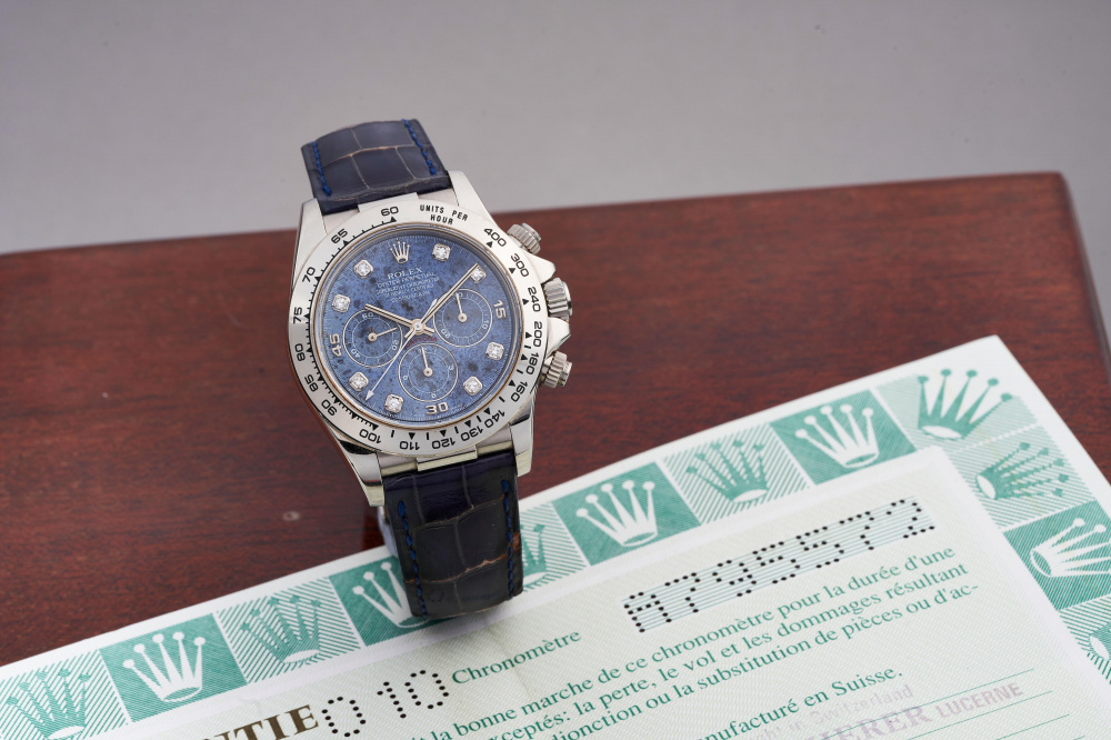 ROLEX | COSMOGRAPH DAYTONA "ZENITH", REF.16519, A RARE WHITE GOLD CHRONOGRAPH WRISTWATCH WITH SODALITE DIAL AND DIAMOND-SET INDEXES, CIRCA 1999
