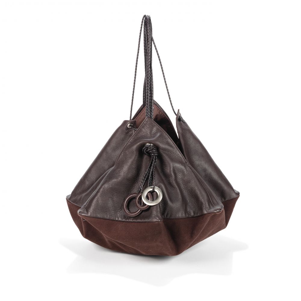 Issey Miyake: a Brown Leather and Cotton Origami Bag