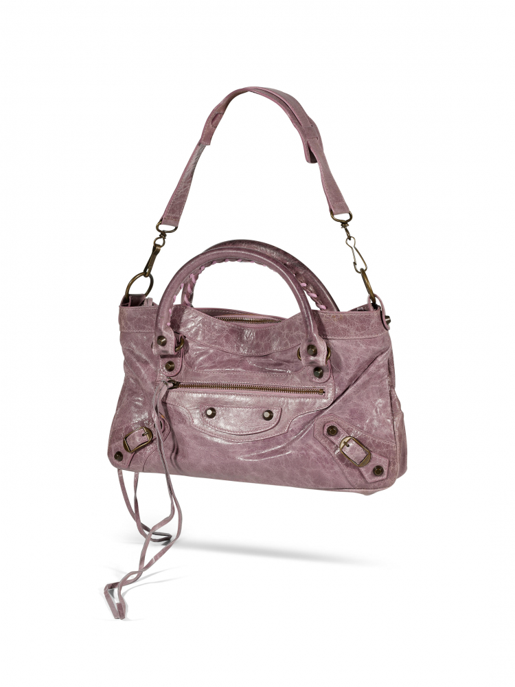 BALENCIAGA: LILAC LAMBSKIN MINI CITY BAG WITH SILVER TONED HARDWARE
