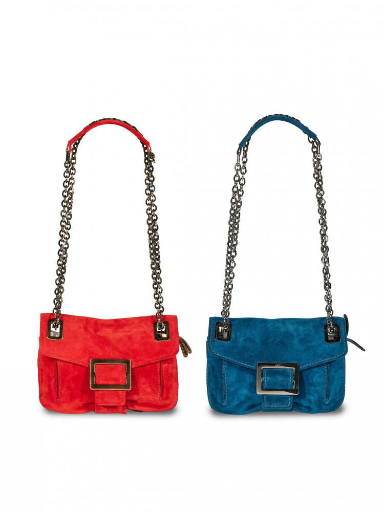 ROGER VIVIER: RED AND BLUE SUEDE CROSSBODY BAG