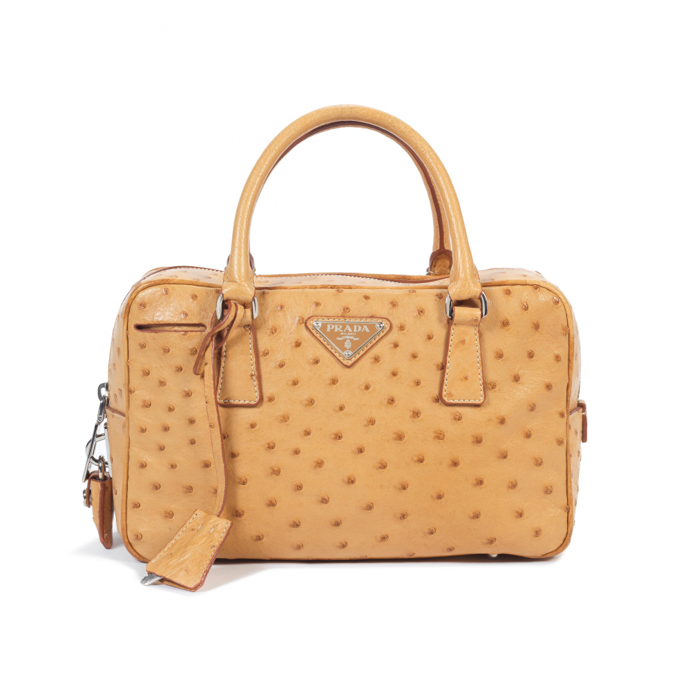 Prada: a Honey Ostrich Small Bauletto Bag
