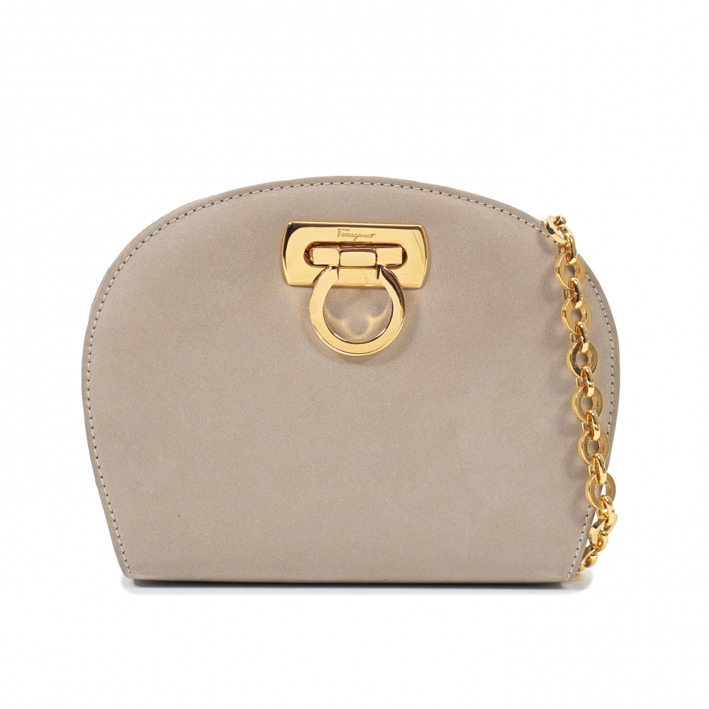 Salvatore Ferragamo: a Taupe Suede Gancini Mini Chain Bag