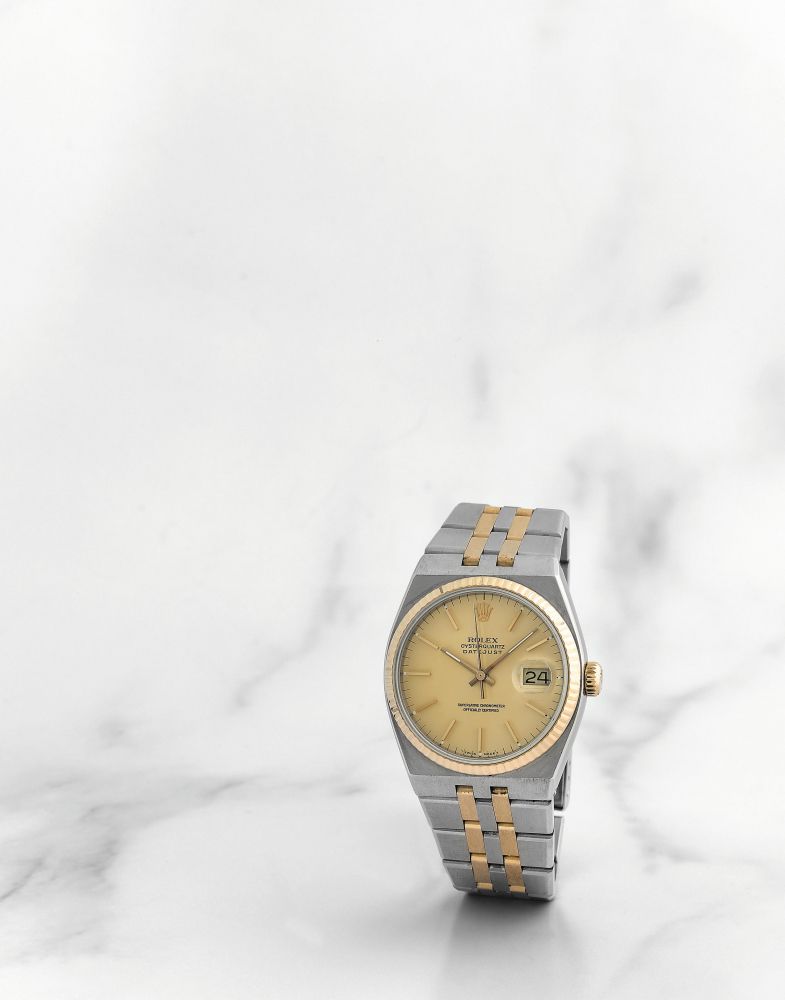 Rolex. Montre bracelet en or jaune 18K (750) et acier avec date mouvement quartz