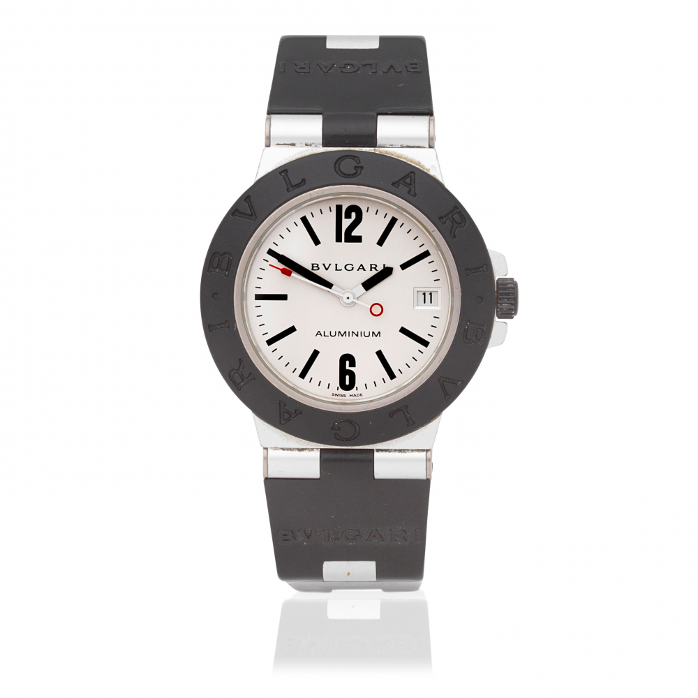 Bulgari. An aluminium automatic calendar wristwatch