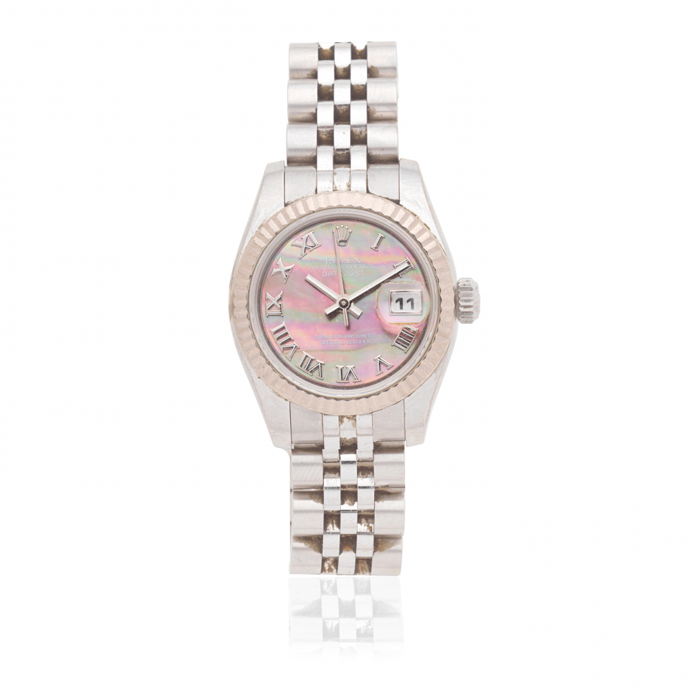 Rolex. A lady's stainless steel automatic calendar bracelet watch with mother of pearl dial