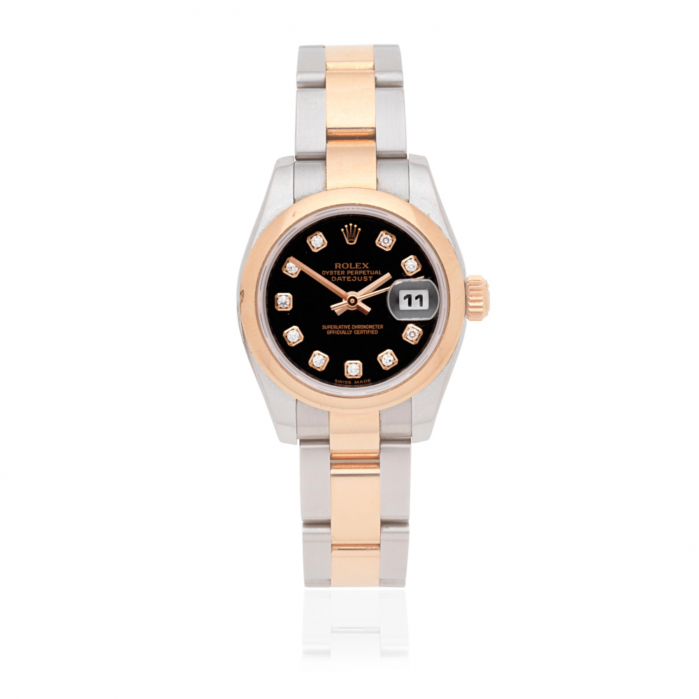 Rolex. A lady's stainless steel and rose gold diamond set automatic calendar bracelet watch