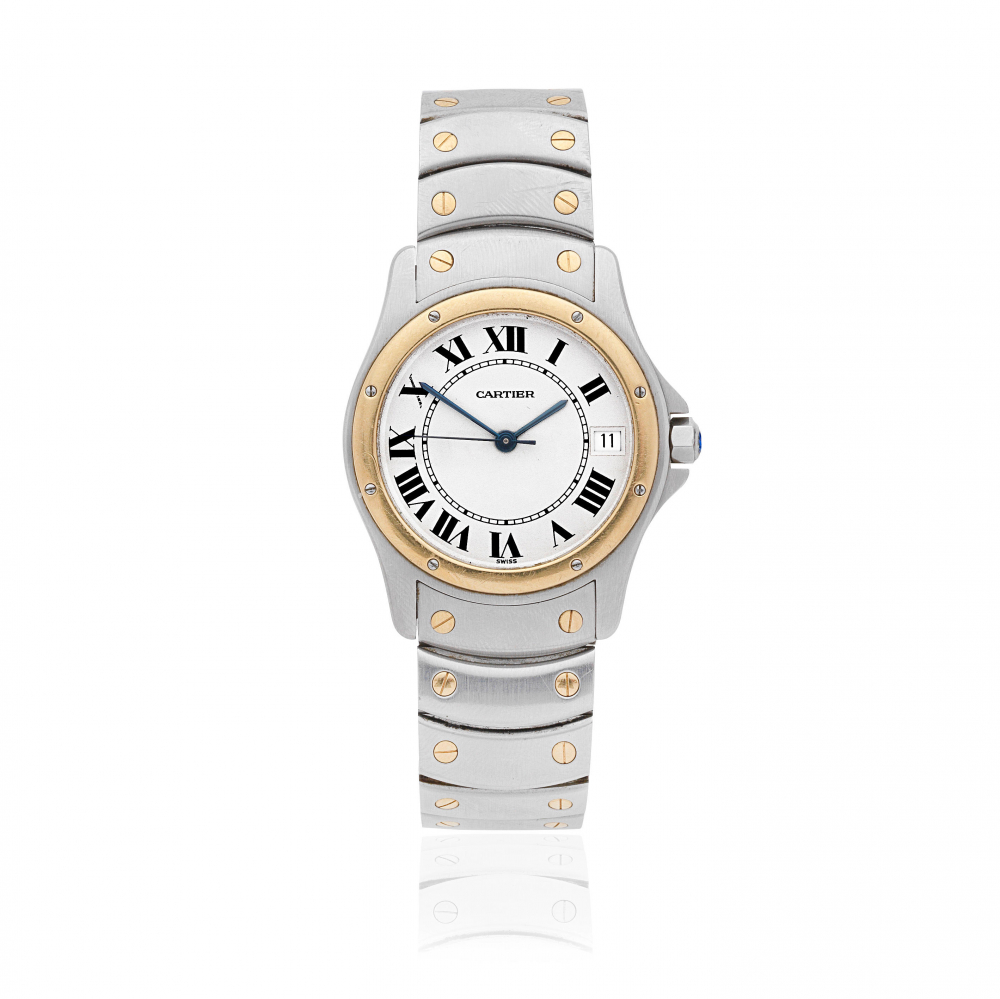 Cartier. A stainless steel and gold automatic calendar bracelet watch