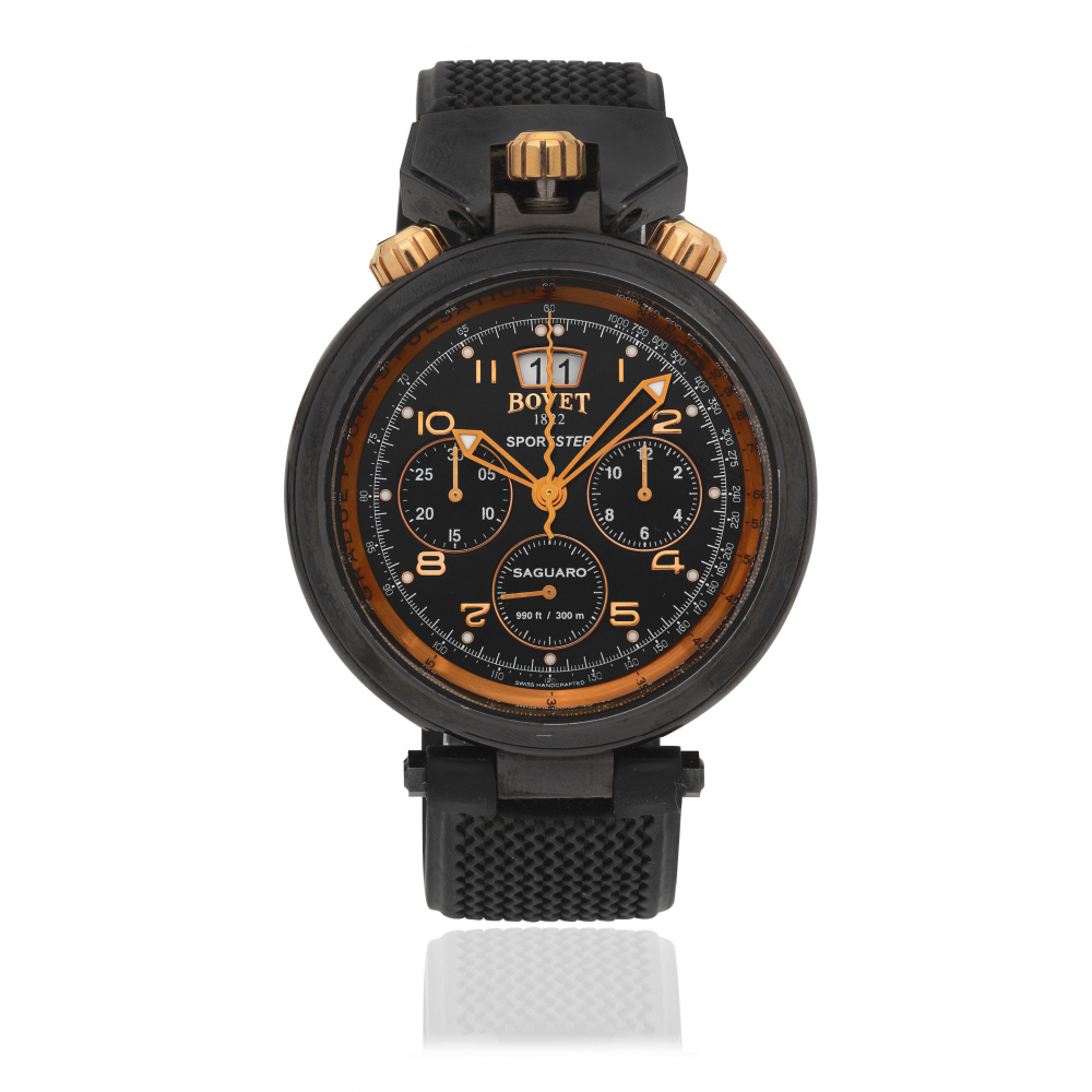 Bovet. A black PVD coated stainless steel calendar chronograph wristwatch