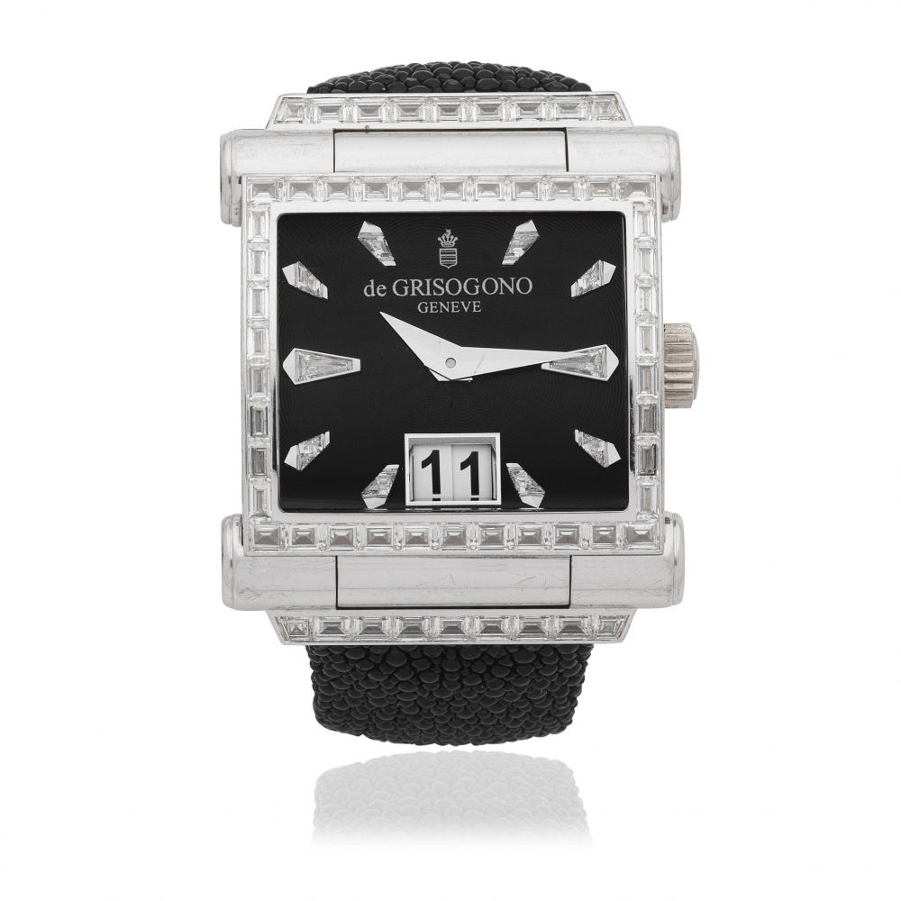 de Grisogono. An 18K white gold diamond set automatic calendar wristwatch