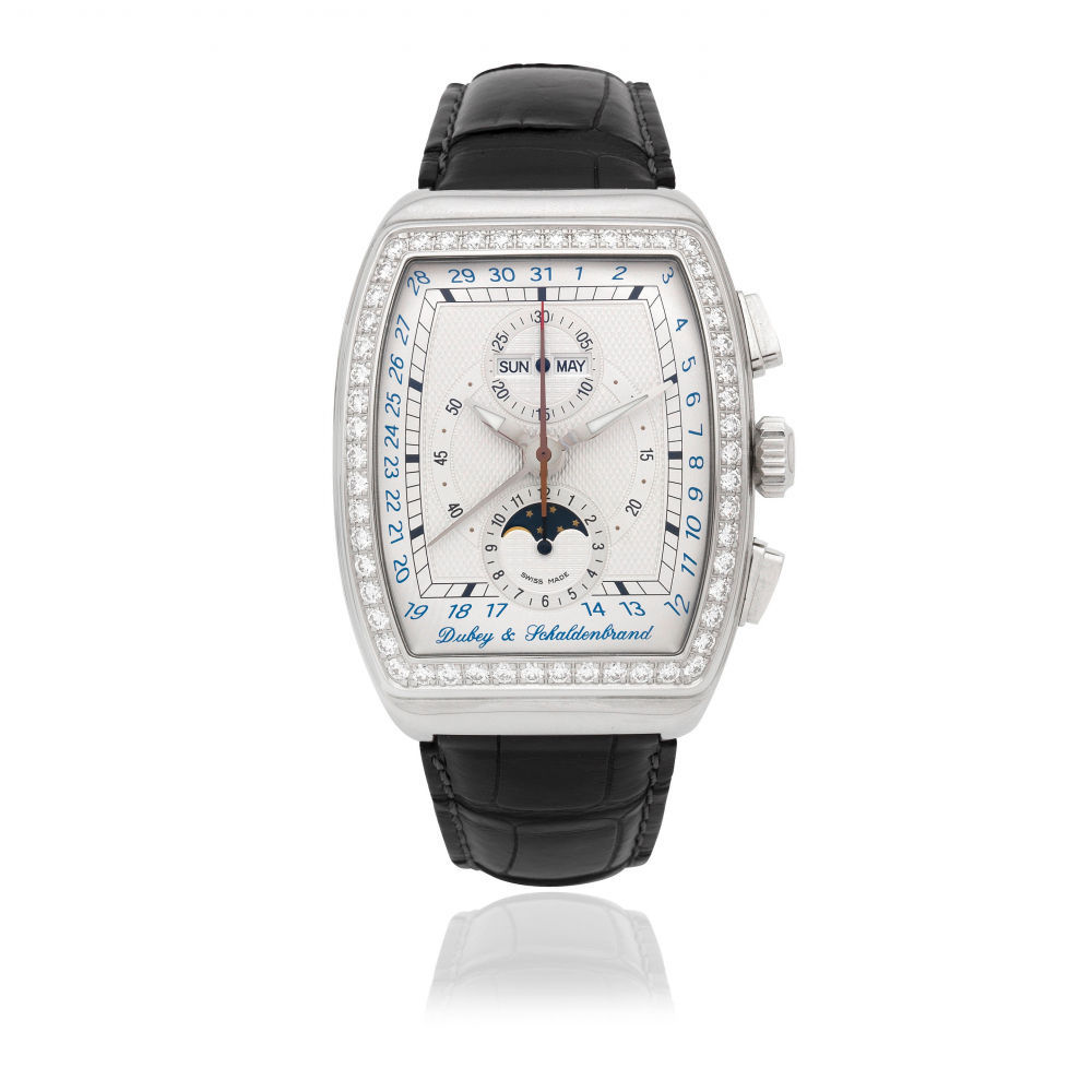 Dubey Schaldenbrand. A stainless steel and diamond set automatic triple calendar chronograph wristwatch with moon phase