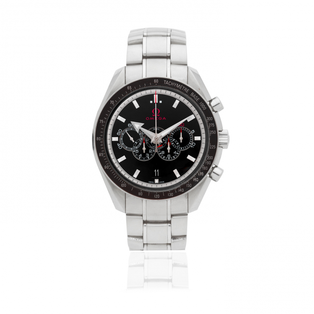 Omega. A stainless steel automatic calendar chronograph bracelet watch with co-axial escapement