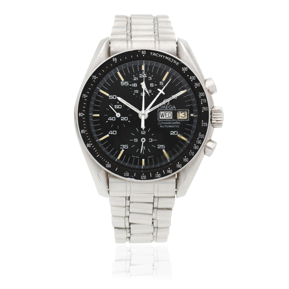 Omega. A rare stainless steel automatic calendar chronograph bracelet watch