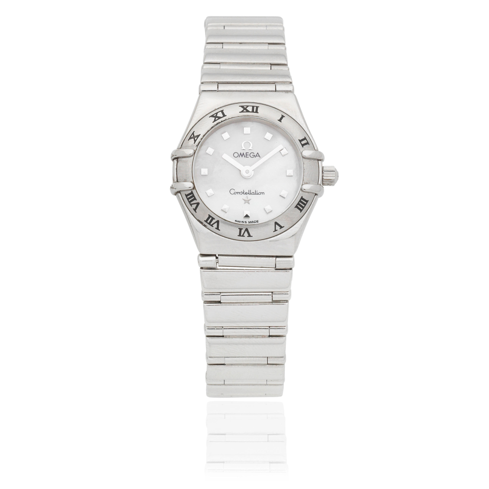 Omega. A lady's stainless steel quartz bracelet watch with mother of pearl dial