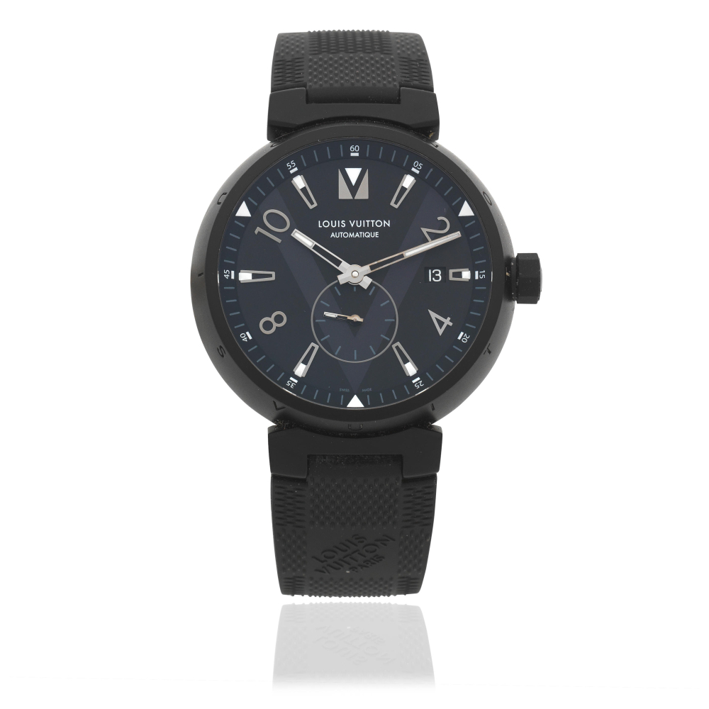 Louis Vuitton. A black DLC coated stainless steel automatic calendar wristwatch