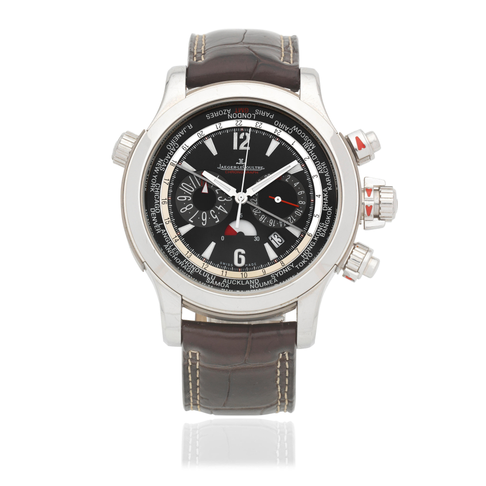 Jaeger-LeCoultre. A stainless steel automatic calendar chronograph wristwatch with world time