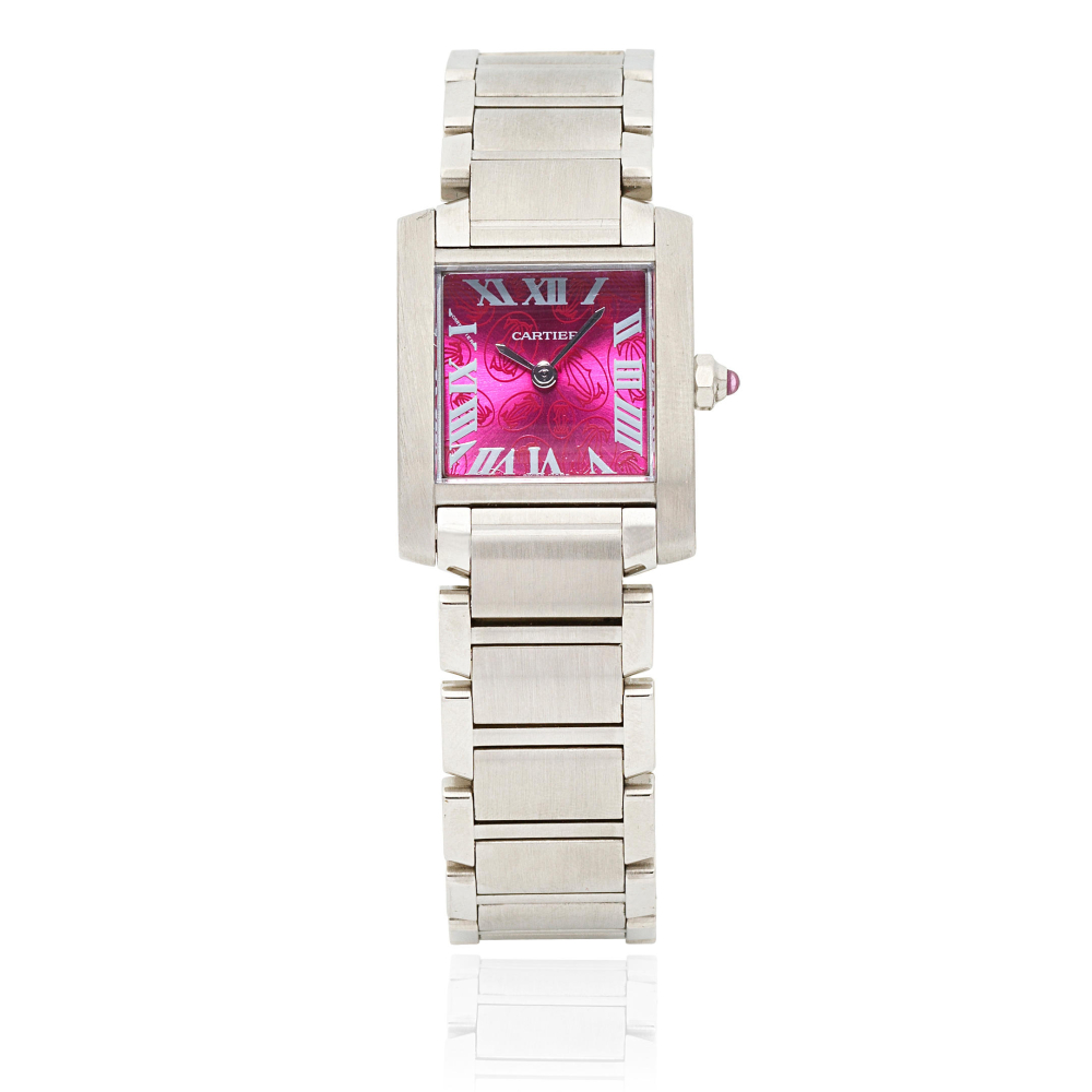 Cartier. A limited edition lady's stainless steel quartz bracelet watch with raspberry pink dial