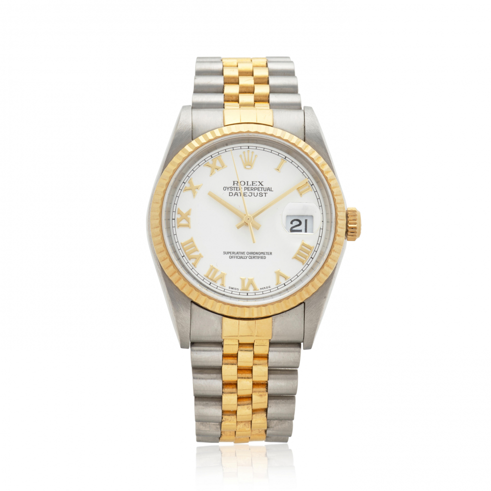 ROLEX. AN 18K GOLD AND STAINLESS STEEL AUTOMATIC CALENDAR BRACELET WATCH