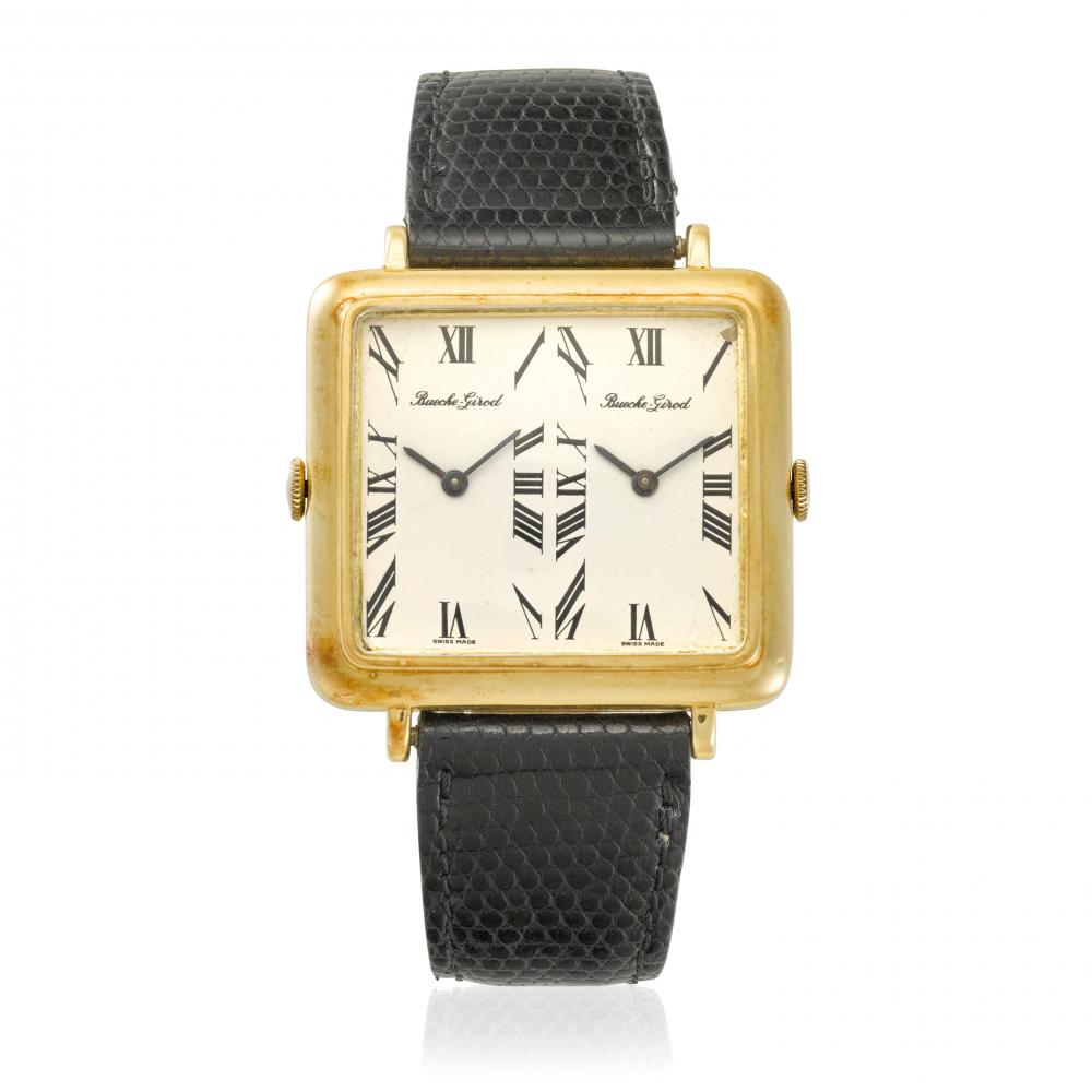 BUECHE GIROD. AN 18K GOLD MANUAL WIND DUAL-TIME WRISTWATCH