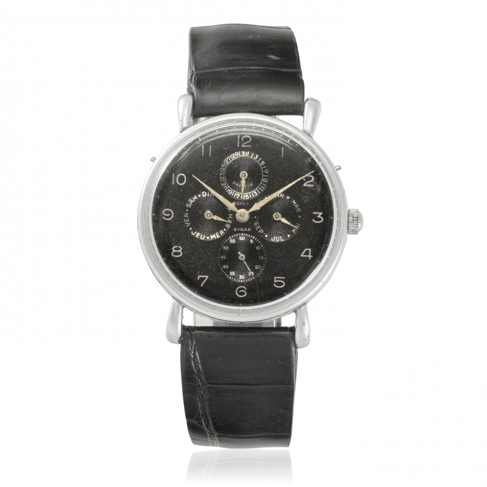 RECORD WATCH COMPANY. A STAINLESS-STEEL MANUAL WIND TRIPLE CALENDAR WRISTWATCH