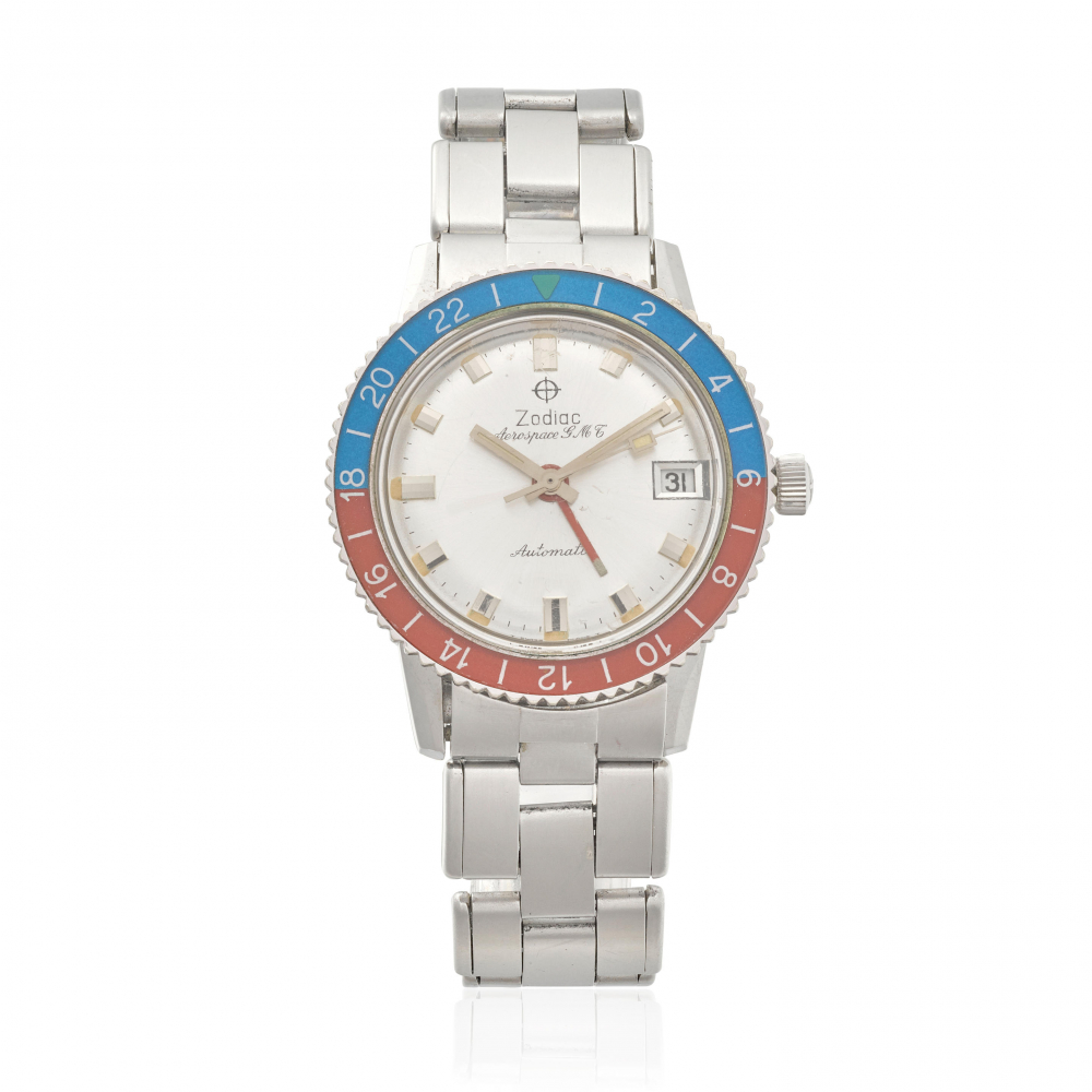 ZODIAC. A STAINLESS STEEL AUTOMATIC CALENDAR BRACELET WATCH WITH GMT FUNCTION