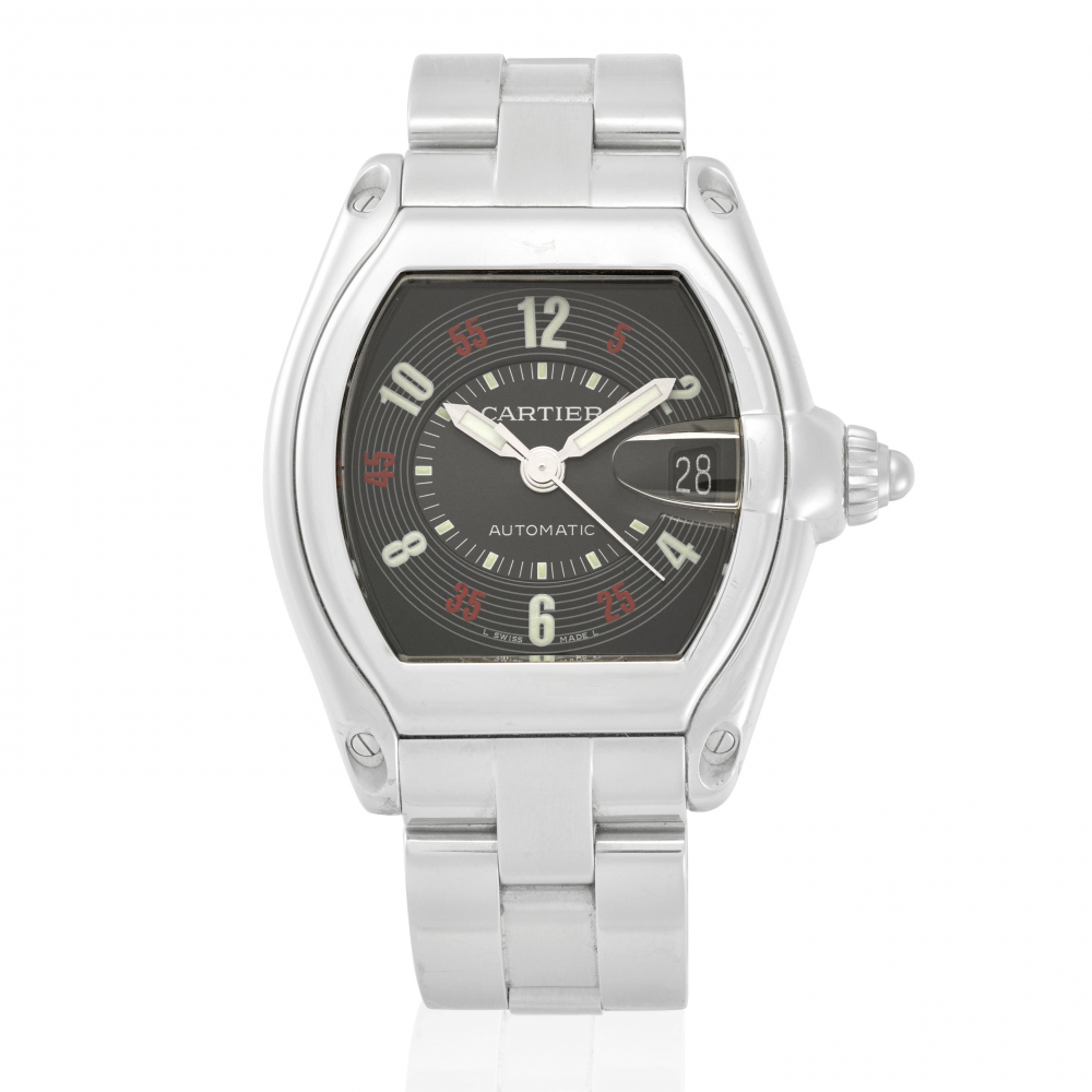 CARTIER. A STAINLESS STEEL AUTOMATIC CALENDAR BRACELET WATCH