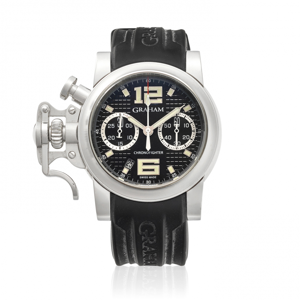 GRAHAM. A STAINLESS STEEL LEFT-HANDED CHRONOGRAPH CALENDAR WRISTWATCH