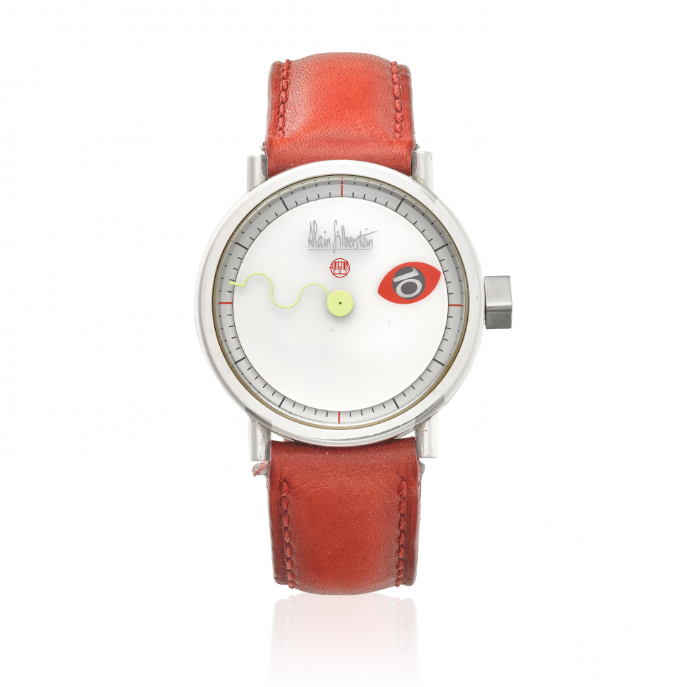 ALAIN SILBERSTEIN. AN UNUSUAL STAINLESS-STEEL AUTOMATIC WANDERING HOUR WRISTWATCH