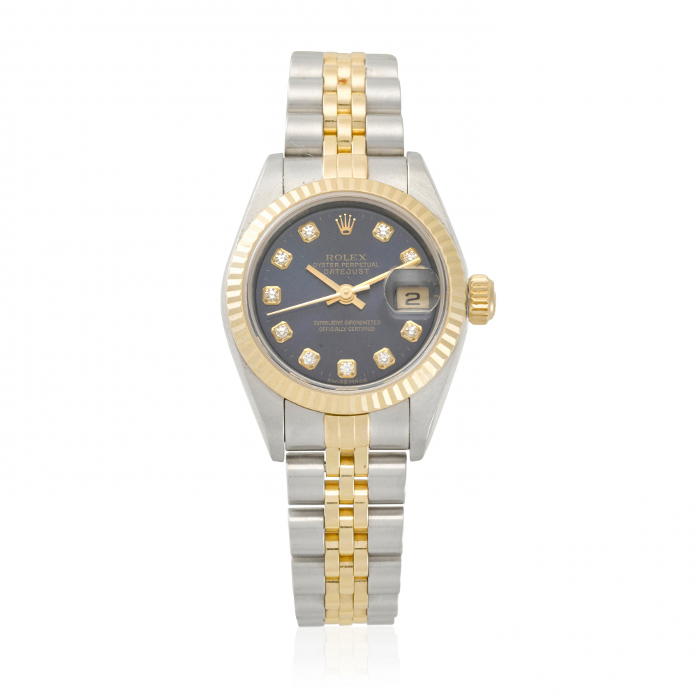 ROLEX. A STAINLESS-STEEL AND GOLD AUTOMATIC CALENDAR BRACELET WATCH