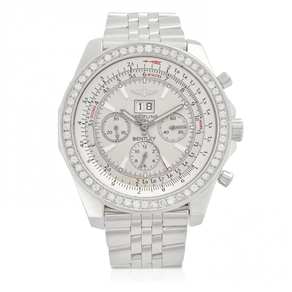 BREITLING FOR BENTLEY. A STAINLESS STEEL AND DIAMOND AUTOMATIC CALENDAR CHRONOGRAPH BRACELET WATCH